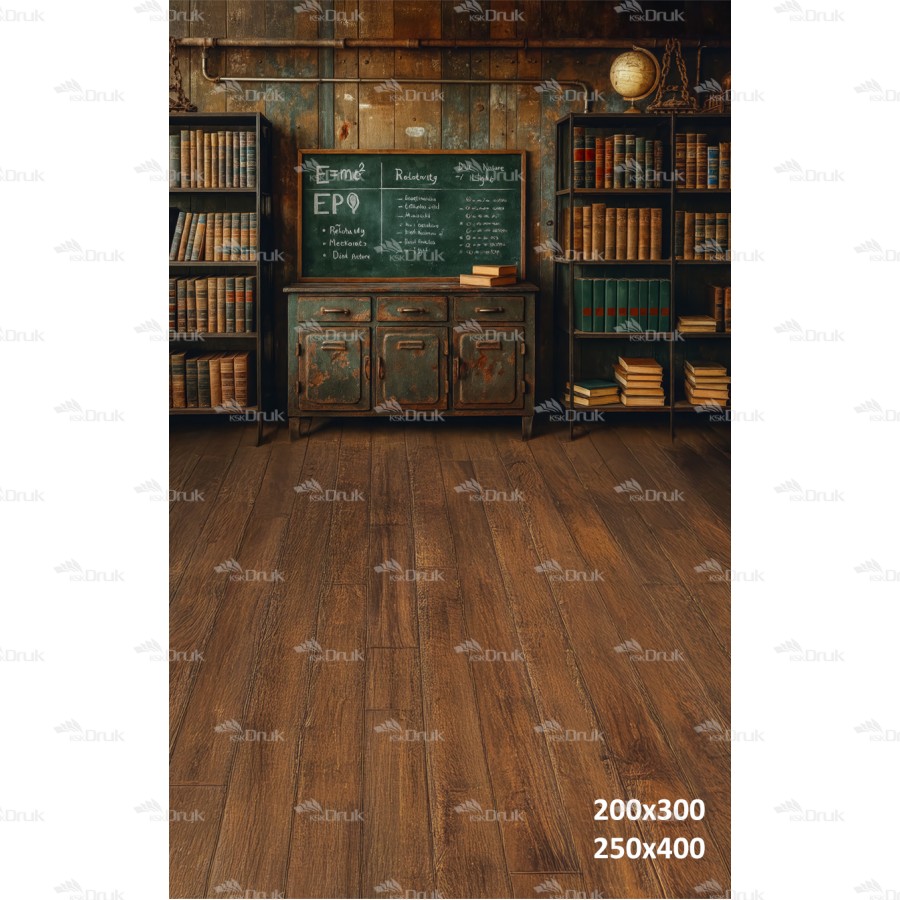 Tło fotograficzne szkolne – retro klasa z tablicą i książkami | 3691